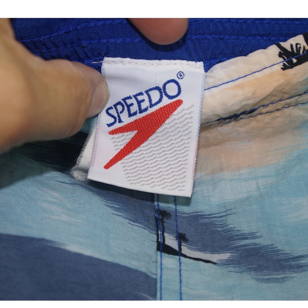 Vintage Speedo Mens Tropical Palm Tree Swim Trunks Blue Peach Large Summer Retro - Picture 2 of 8